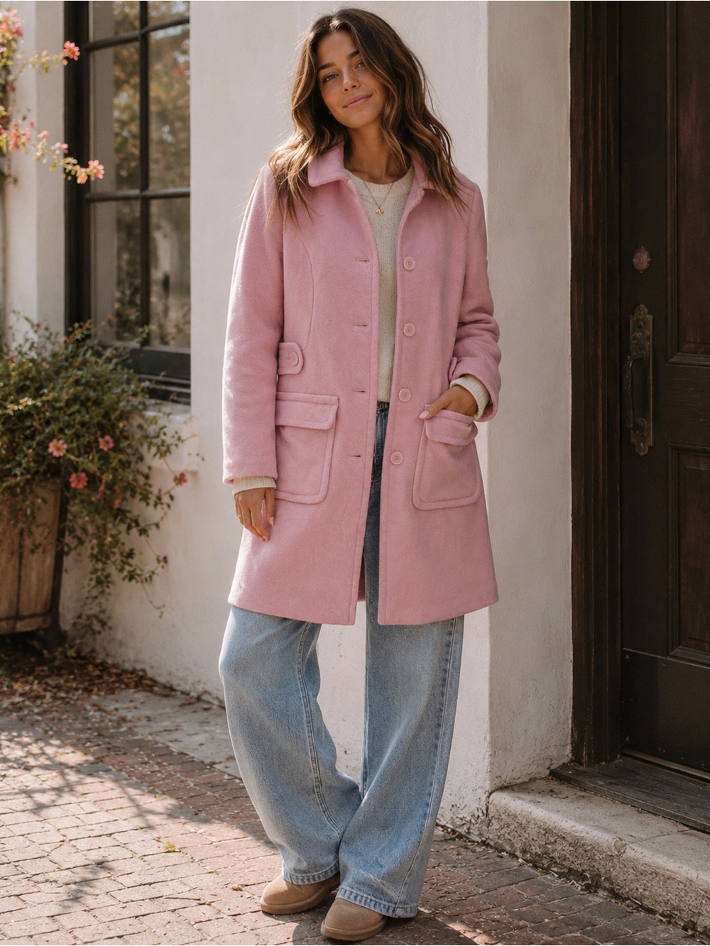 Moda International Pink Wool Blend Long Coat Size 4 Button Front Lined Jacket